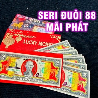 SỐ SERI ĐẸP - Tiền 2 Đô Con Ngựa Vàng 2026 in hình chú Ngựa Vàng Lucky bao da đỏ