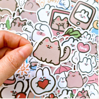 Set 58 sticker mèo và thỏ cute decal trang trí sổ tay điện thoại laptop DIY scrapbook
