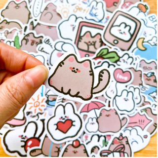Set 58 sticker mèo và thỏ cute decal trang trí sổ tay điện thoại laptop DIY scrapbook