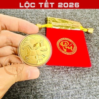< Lộc Tết > Sỉ Combo 10 Đồng xu con Ngựa Vàng , 1 mặt chữ Lộc chiêu tài - tặng kèm túi gấm đỏ LỘC