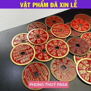 < Lộc Tết > Đồng Tiền Xu Tám Chữ Dấu Hoa Mai Núi, Bằng Đồng Thau Sơn Chu Sa, Dày Dặn, Đồ Trang Trí Mặt Dây Chuyền