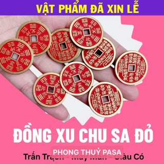 < Lộc Tết > Đồng Tiền Xu Tám Chữ Dấu Hoa Mai Núi, Bằng Đồng Thau Sơn Chu Sa, Dày Dặn, Đồ Trang Trí Mặt Dây Chuyền