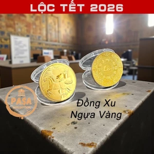 ⭐RƯỚC LỘC⭐ COMBO 5 Đồng Xu hình Ngựa kim loại vàng , kèm túi gấm đỏ LỘC may mắn làm quà tặng , Giá Tốt