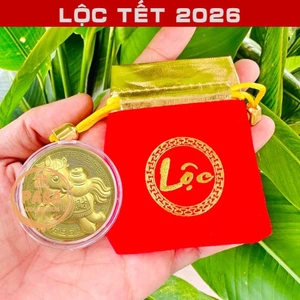 ⭐RƯỚC LỘC⭐ Đồng Xu Vàng Lá Hình Ngựa Thần Tài May Mắn kèm túi nhung đỏ Lộc Phúc Lì xì Tết