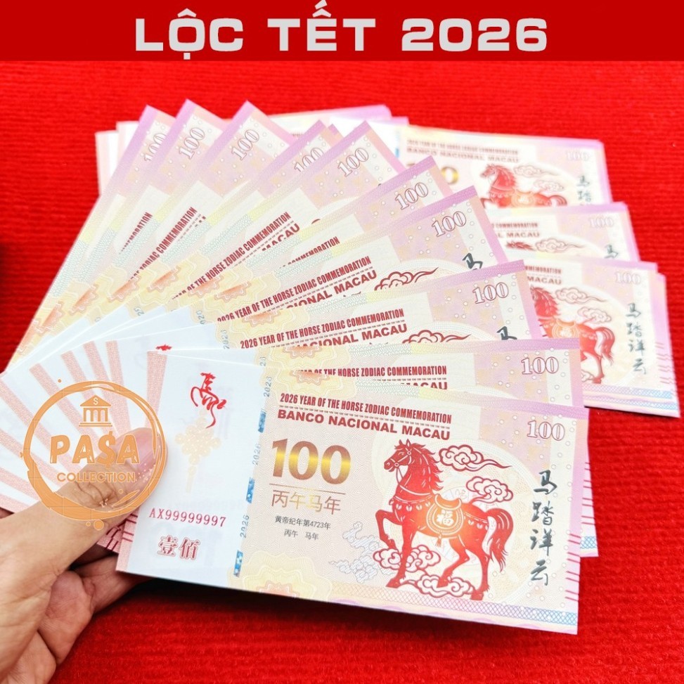 ⭐RƯỚC LỘC⭐ 100 TỜ Lì Xì Hình Con Ngựa 100 Macau (Macao) 100 , Quà tặng Phong Thuỷ May Mắn