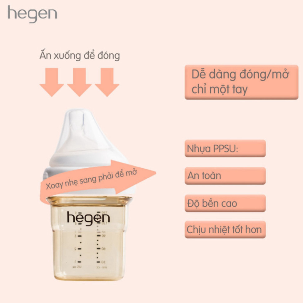 Bình sữa Hegen PPSU 150ml/240ml/330ml - Màu trắng, thiết kế chống sặc và đầy hơi cho bé sơ sinh an toàn.
