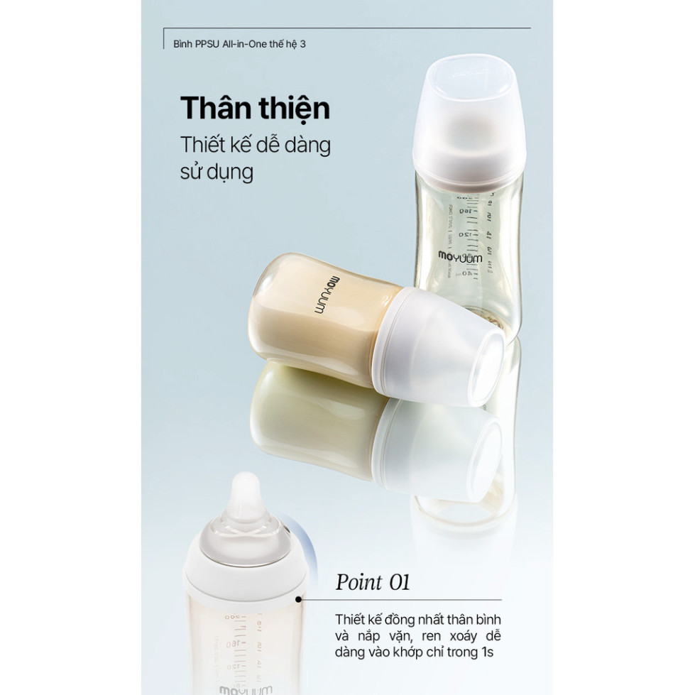 Bình sữa PPSU Moyuum Thế hệ 3 - Mẫu trơn, đầy đủ kích cỡ, có thể đổi núm phù hợp với độ tuổi bé.