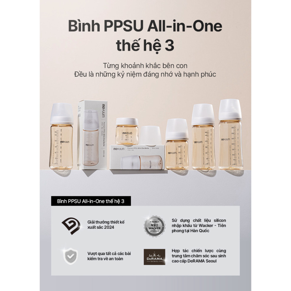 Bình sữa PPSU Moyuum Thế hệ 3 - Mẫu trơn, đầy đủ kích cỡ, có thể đổi núm phù hợp với độ tuổi bé.