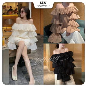 Áo trễ vai voan tơ TAY XOÈ XẾP TẦNG cao cấp cách điệu tiểu thư sang chảnh phù hợp đi chơi, h