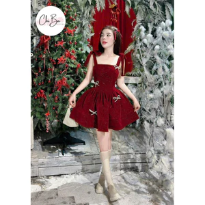 SET VÁY NHUNG HAI DÂY ĐÍNH NƠ ĐÓN TẾT, NOEL SỊN SÒ