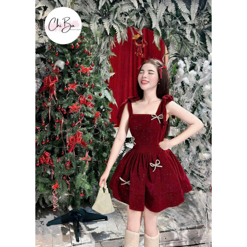 SET VÁY NHUNG  HAI DÂY ĐÍNH NƠ ĐÓN TẾT, NOEL SỊN SÒ