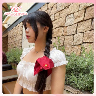 Buộc tóc vuông, scrunchies vuông lá cờ việt nam vải lụa thêu bản to Y337