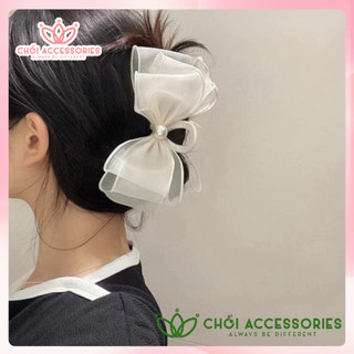 Cặp tóc nơ dọc phồng tóc đính hạt trai nhân tạo sang chảnh Chồi accessories - Y165