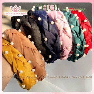 Bờm tóc tết nữ, băng đô lụa satin đính hạt trai mấn tết đính hạt trai nhân tạo sang chảnh Chồi accessories - Y033