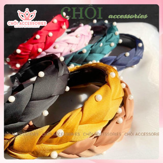Bờm tóc tết nữ, băng đô lụa satin đính hạt trai mấn tết đính hạt trai nhân tạo sang chảnh Chồi accessories - Y033