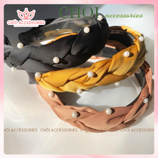 Bờm tóc tết nữ, băng đô lụa satin đính hạt trai mấn tết đính hạt trai nhân tạo sang chảnh Chồi accessories - Y033