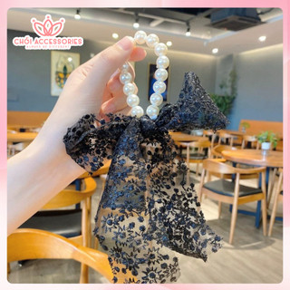 Cột tóc nơ - dây buộc tóc ren ngọc trai nhân tạo Hàn Quốc rủ dài nữ tính Chồi accessories - K400