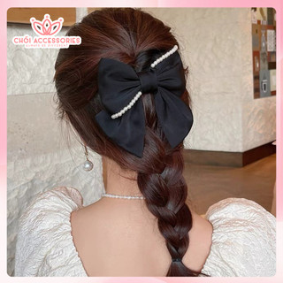 Cặp tóc nơ lụa bản lớn cặp tóc ngọc trai nhân tạo màu đen Chồi accessories - Y084