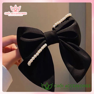 Cặp tóc nơ lụa bản lớn cặp tóc ngọc trai nhân tạo màu đen Chồi accessories - Y084