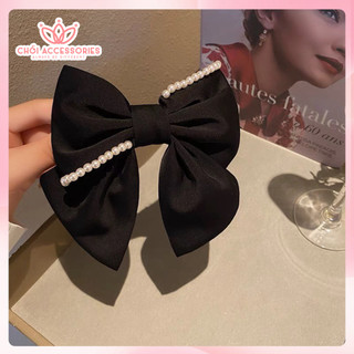 Cặp tóc nơ lụa bản lớn cặp tóc ngọc trai nhân tạo màu đen Chồi accessories - Y084