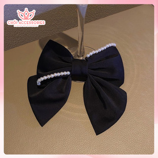 Cặp tóc nơ lụa bản lớn cặp tóc ngọc trai nhân tạo màu đen Chồi accessories - Y084
