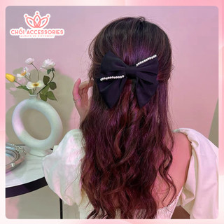 Cặp tóc nơ lụa bản lớn cặp tóc ngọc trai nhân tạo màu đen Chồi accessories - Y084