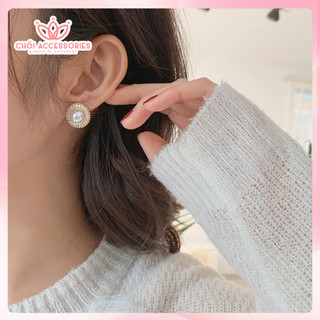 Khuyên tai nữ mạ bạc 925 Khuyên hoa đính ngọc trai nhân tạo nữ tính Chồi accessories - F61
