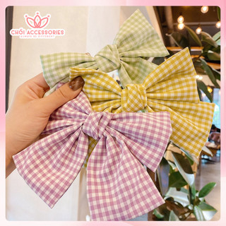 Cặp tóc nữ cặp tóc nơ lớn caro màu tươi sáng mùa hè Chồi accessories - Y098