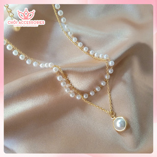 Vòng cổ dây chuyền ngọc trai nhân tạo 2 tầng tiểu thư Hàn Quốc nữ tính Chồi accessories