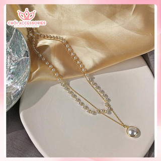 Vòng cổ dây chuyền ngọc trai nhân tạo 2 tầng tiểu thư Hàn Quốc nữ tính Chồi accessories