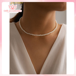 Vòng cổ choker hạt trai nhân tạo trơn Chồi accessories phong cách cổ điển nhiều size - B126