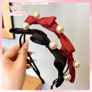 Bờm tóc nơ tiểu thư kết ngọc trai nhân tạo Chồi accessories, băng đô tóc mảnh- Y019