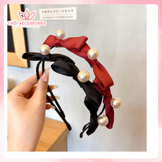 Bờm tóc nơ tiểu thư kết ngọc trai nhân tạo Chồi accessories, băng đô tóc mảnh- Y019
