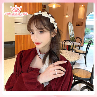Bờm tóc nơ tiểu thư kết ngọc trai nhân tạo Chồi accessories, băng đô tóc mảnh- Y019