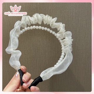 Bờm tóc nữ bờm tóc voan nhún phối hạt trai nhân tạo bồng bềnh tiểu thư Chồi accessories Y054