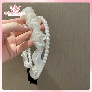 Bờm tóc nữ bờm tóc voan nhún phối hạt trai nhân tạo bồng bềnh tiểu thư Chồi accessories Y054
