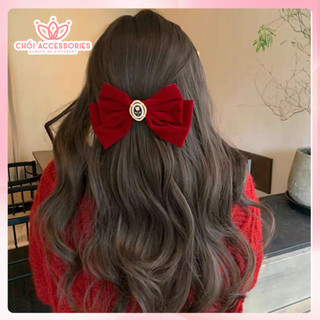 Cặp tóc nơ nhung, kẹp tóc nhung màu đen và đỏ nhiều đá sang chảnh Chồi accessories Y024