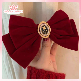 Cặp tóc nơ nhung, kẹp tóc nhung màu đen và đỏ nhiều đá sang chảnh Chồi accessories Y024