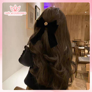 Cặp tóc nơ nhung, kẹp tóc nhung màu đen và đỏ nhiều đá sang chảnh Chồi accessories Y024
