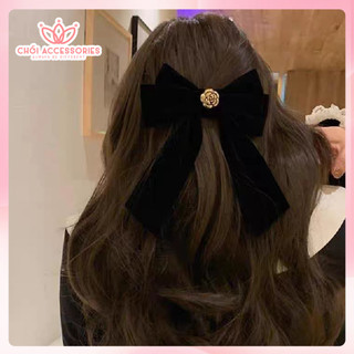 Cặp tóc nơ nhung, kẹp tóc nhung màu đen và đỏ nhiều đá sang chảnh Chồi accessories Y024