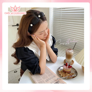 Bờm tóc nơ nhung bờm tóc nữ phối ngọc trai nhân tạo Chồi accessories - Y039
