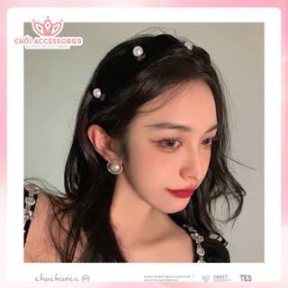 Bờm tóc nơ nhung bờm tóc nữ phối ngọc trai nhân tạo Chồi accessories - Y039