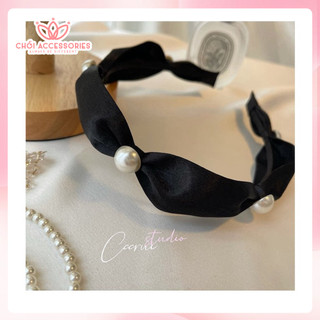 Bờm tóc nơ nhung bờm tóc nữ phối ngọc trai nhân tạo Chồi accessories - Y039