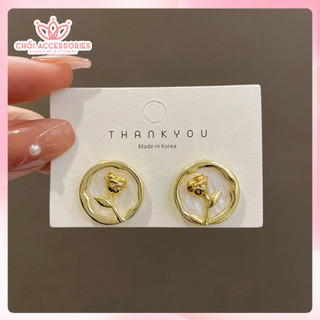 Khuyên Tai Hoa Hồng Bản Tròn Chồi accessories Phong Cách Dành Cho Nữ F102