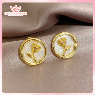 Khuyên Tai Hoa Hồng Bản Tròn Chồi accessories Phong Cách Dành Cho Nữ F102