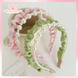 Bờm tóc vải tơ nhún phối hạt trai nhân tạo, bờm tóc ánh nhũ sang chảnh Chồi accessories Y002