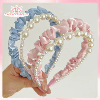 Bờm tóc vải tơ nhún phối hạt trai nhân tạo, bờm tóc ánh nhũ sang chảnh Chồi accessories Y002