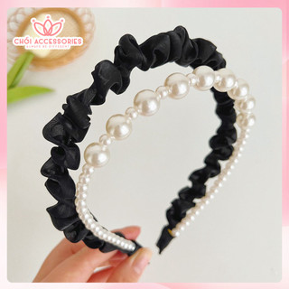 Bờm tóc vải tơ nhún phối hạt trai nhân tạo, bờm tóc ánh nhũ sang chảnh Chồi accessories Y002
