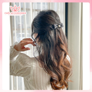 Kẹp tóc nơ lụa đính hạt trai nhân tạo, kẹp tóc nữ tính đáng yêu cho bạn gái - Y238