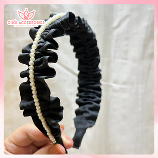 Bờm tóc màu đen nhún bèo kết chuỗi hạt trai bờm tóc tiểu thư sang chảnh Y226